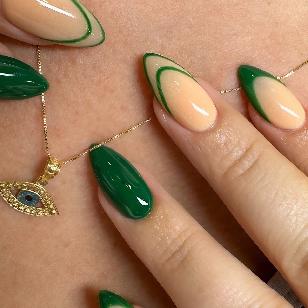 Long Coffin Graphic Green French Tips Long Coffin Graphic Green French Tips — Green Nails