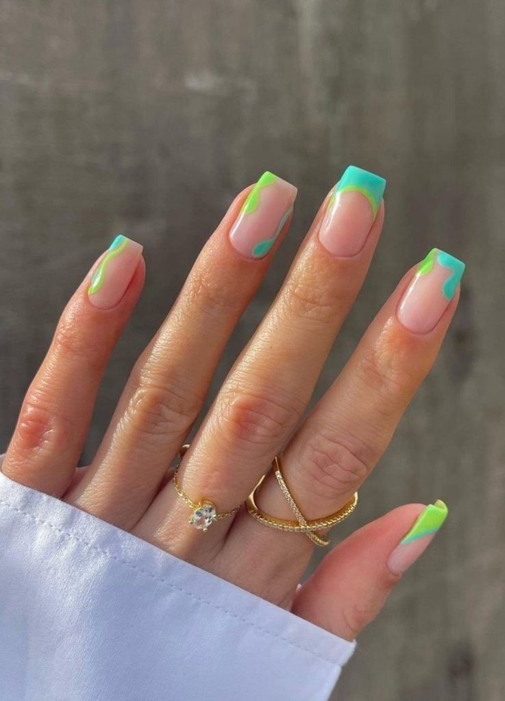 Short Square Abstract Neon Green Turquoise Tips Short Square Abstract Neon Green Turquoise Tips — Green Nails