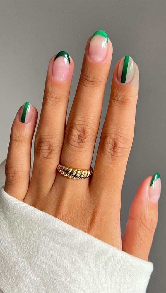 Short Square Green French Tips Stripes Short Square Green French Tips Stripes — Green Nails