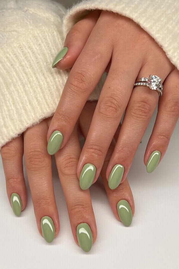 Short Oval Glossy Sage Green Nails Short Oval Glossy Sage Green Nails