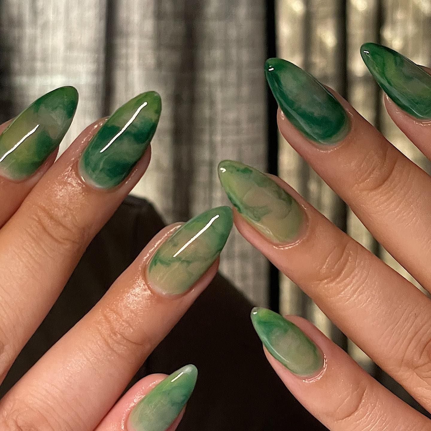 Long Almond Green Marble Effect Nails Long Almond Green Marble Effect Nails — Green Nails