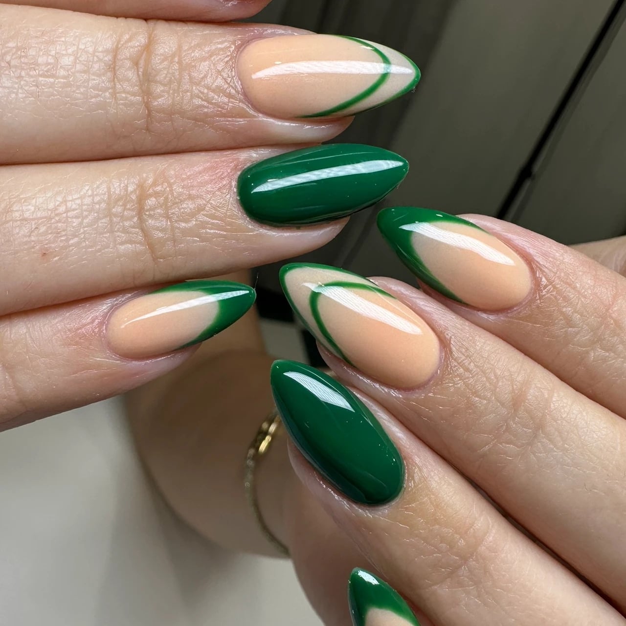 Medium Almond Deep Green French Tips Medium Almond Deep Green French Tips — Green Nails