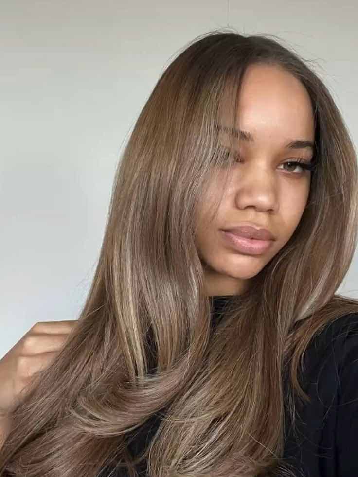 Collarbone Ash Brown With Blonde Highlights And Wispy, Close-Up Take — Hair Color for Black Women