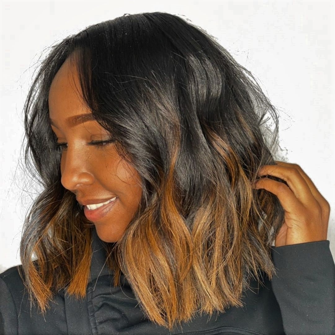 Collarbone Lob With Dark Brown Caramel Highlights — Hair Color for Black Women
