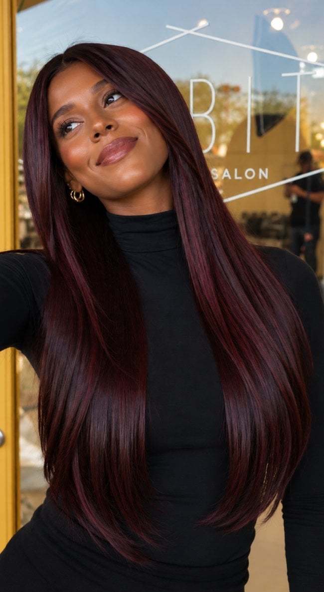 Mid-Back Straight Black Cherry With Ruby Highlights — Hair Color for Black Women