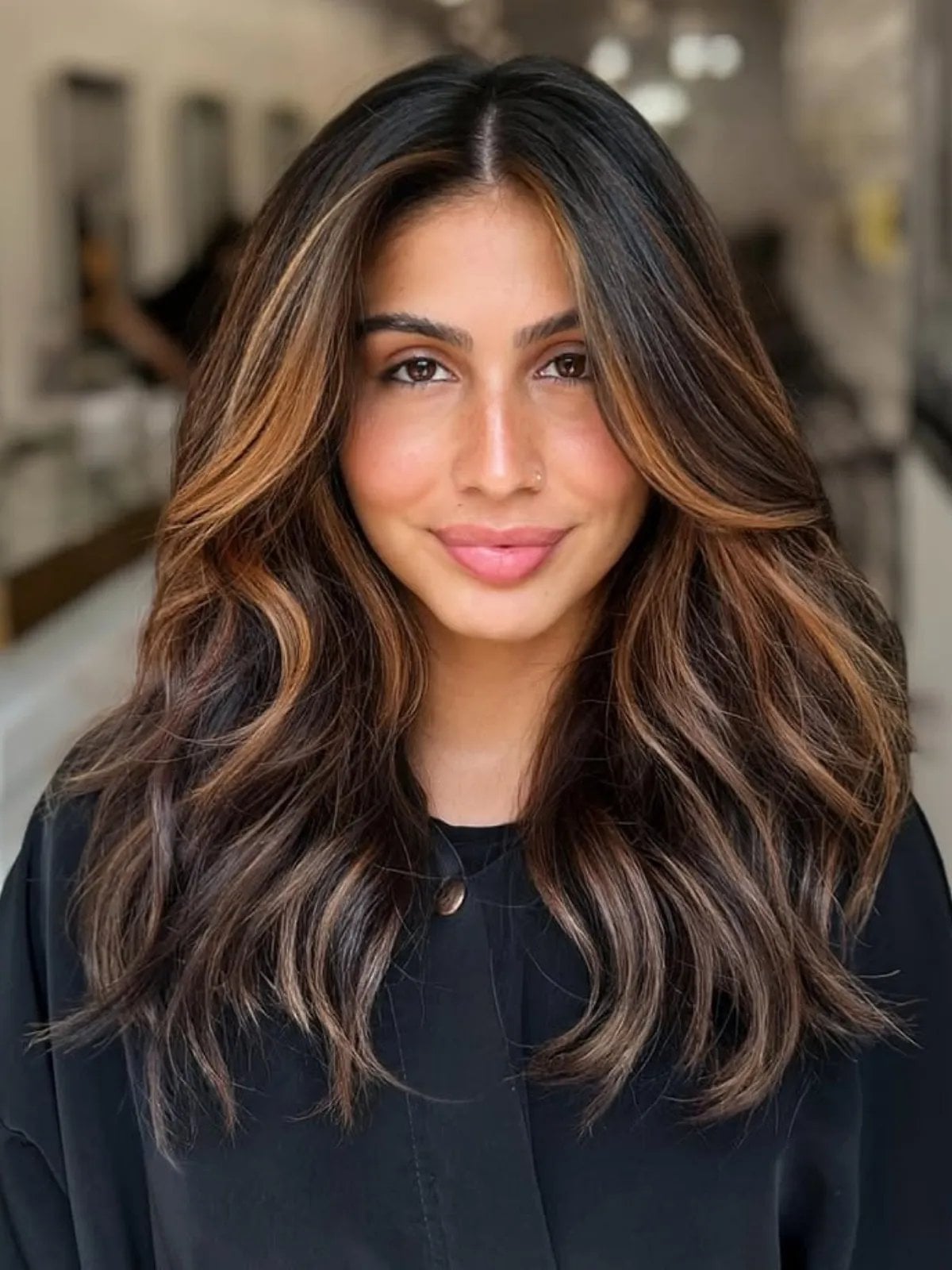 Mid-Back Dark Brown With Caramel Balayage Mid-Back Dark Brown With Caramel Balayage — Hair Color for Brown Eyes