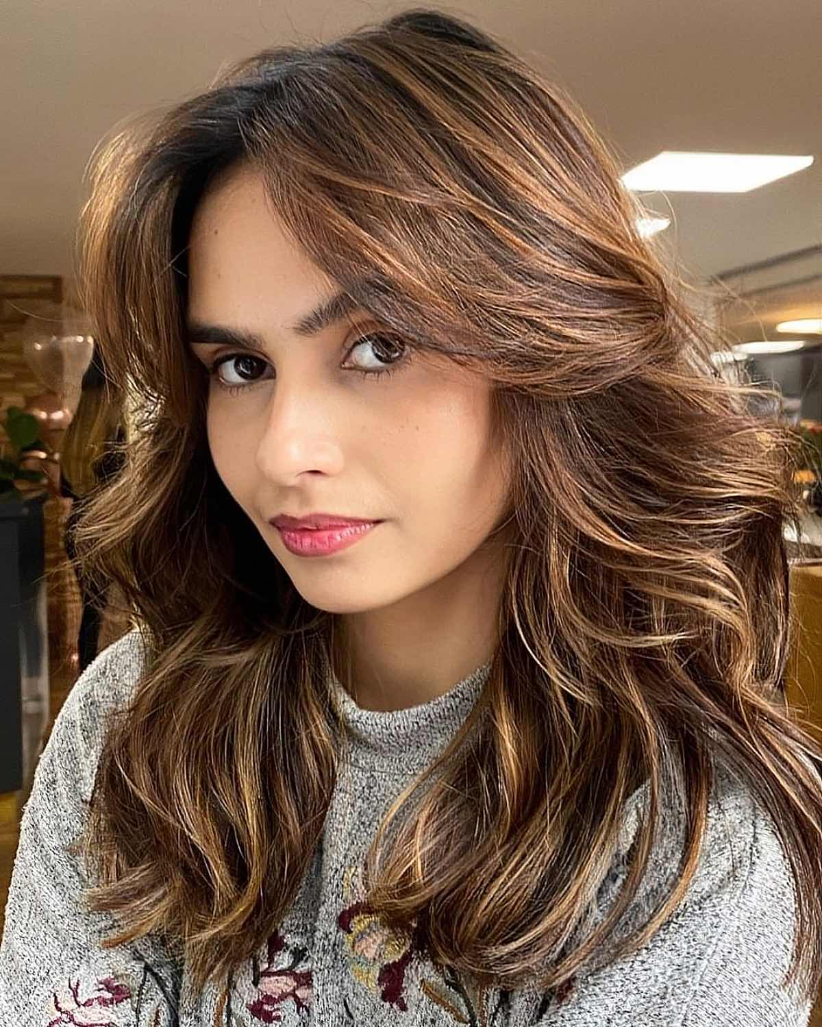 Mid-Back Dark Brown With Caramel Highlights, Face-Framing Pieces Mid-Back Dark Brown With Caramel Highlights, Face-Framing Pieces — Hair Color for Brown Eyes