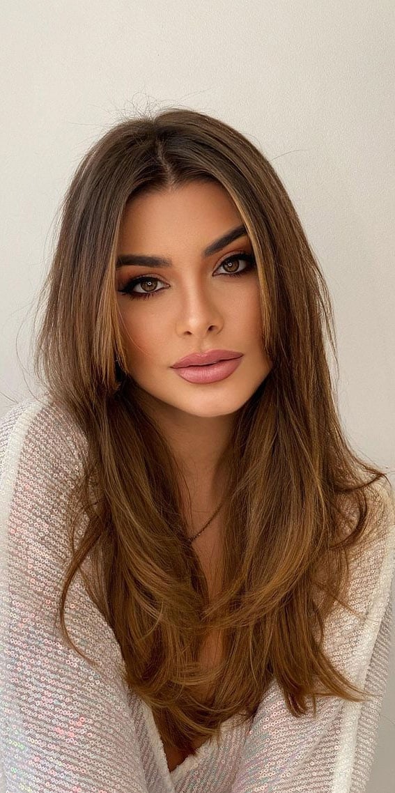 Collarbone Chestnut Brown With Golden Highlights Collarbone Chestnut Brown With Golden Highlights — Hair Color for Brown Eyes