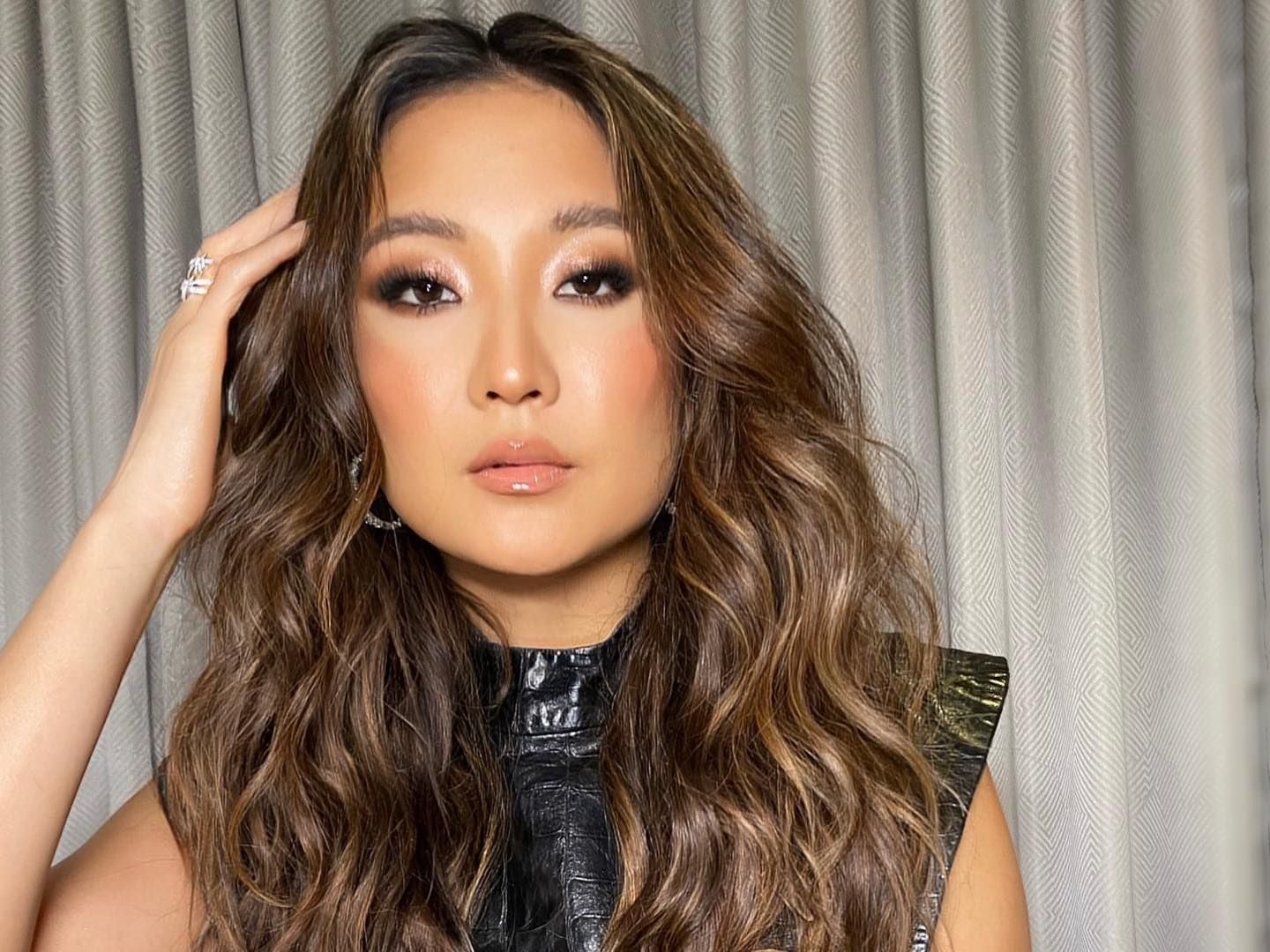 Collarbone Dark Brown With Caramel Balayage, Curtain Bangs Collarbone Dark Brown With Caramel Balayage, Curtain Bangs — Hair Color for Brown Eyes