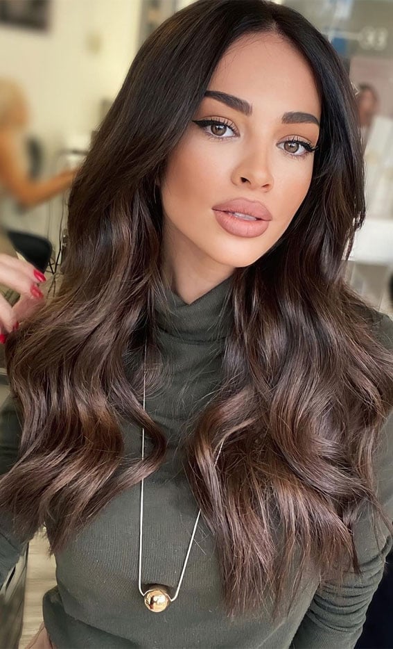 Mid-Back Dark Brown With Subtle Highlights, Wavy Mid-Back Dark Brown With Subtle Highlights, Wavy — Hair Color for Brown Eyes