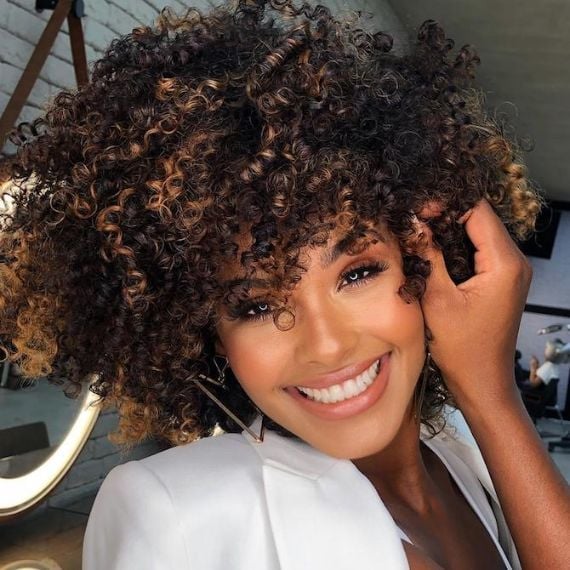 Dark Brown With Blonde Balayage And Curtain Bangs Dark Brown With Blonde Balayage And Curtain Bangs — Hair Color for Curly Hair