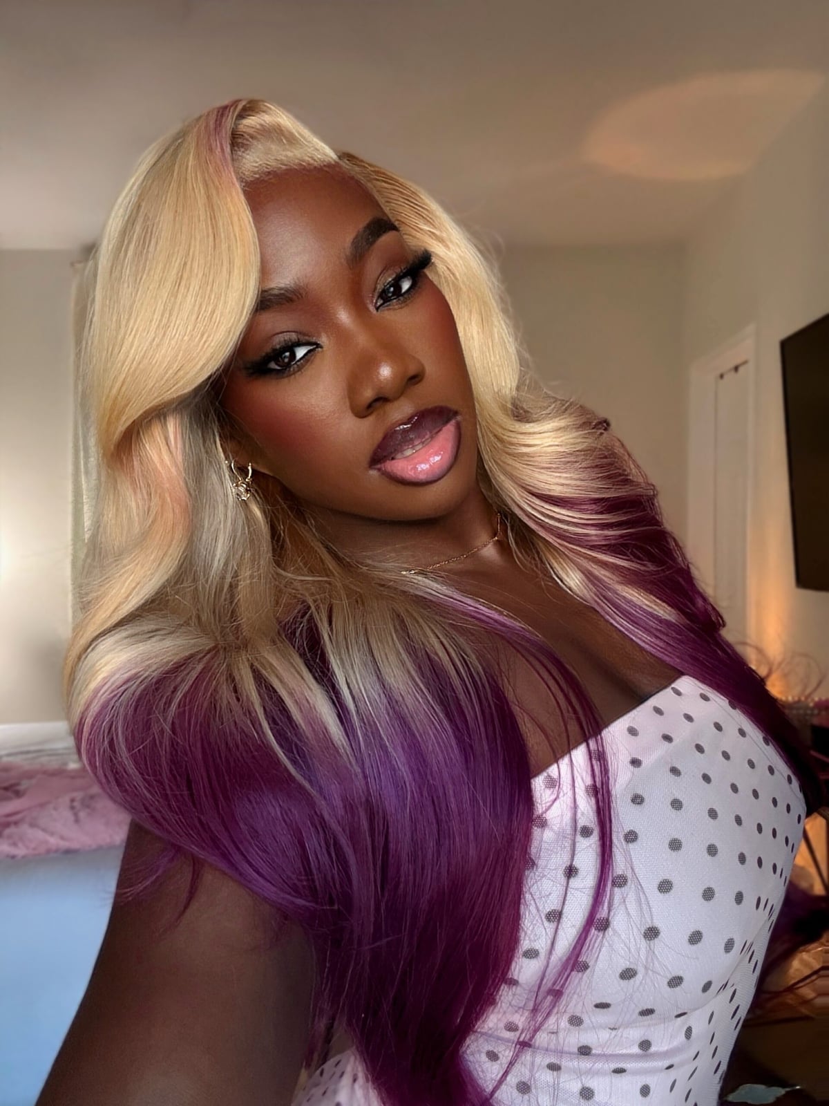 Dark Brown With Blonde and Purple Highlights, Mid-Back Dark Brown With Blonde and Purple Highlights, Mid-Back — Hair Color for Dark Skin