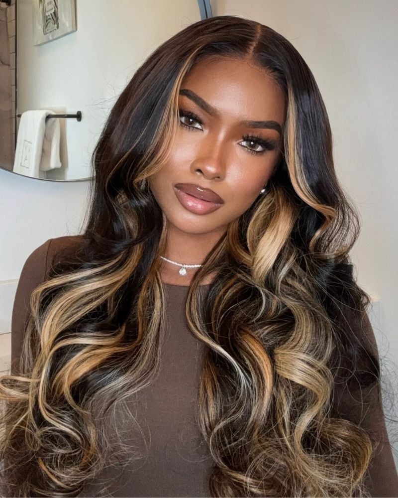 Mid-Back Dark Brown Blonde Highlights Balayage, Curtain Bangs Mid-Back Dark Brown Blonde Highlights Balayage, Curtain Bangs — Hair Color for Dark Skin