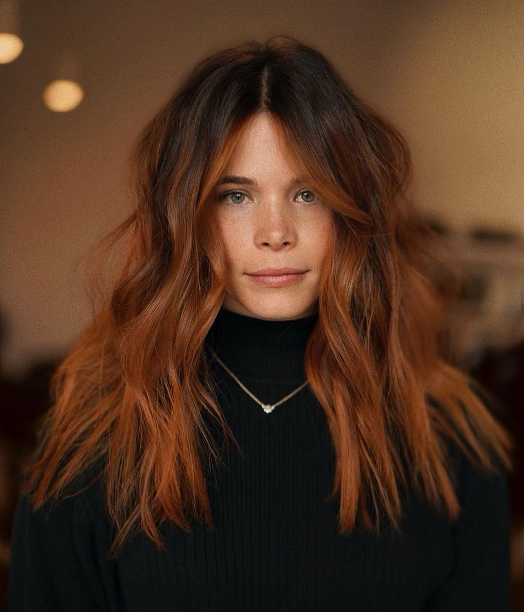 Dark Brown With Copper Auburn Balayage Lob Dark Brown With Copper Auburn Balayage Lob — Hair Color for Green Eyes