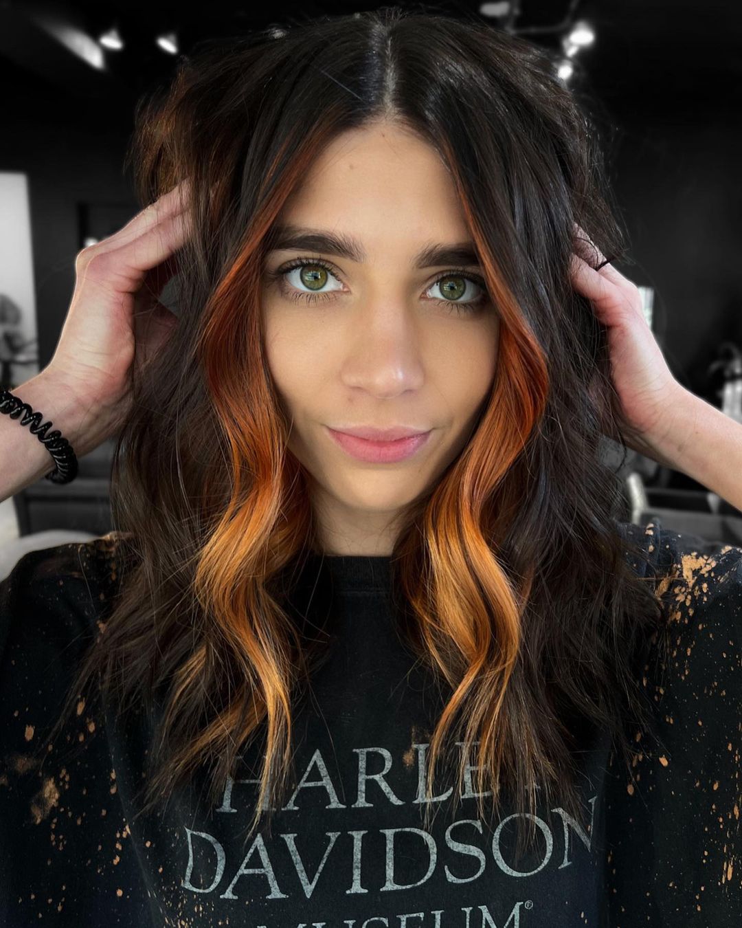 Dark Brown With Copper Face-Framing Pieces Dark Brown With Copper Face-Framing Pieces — Hair Color for Green Eyes