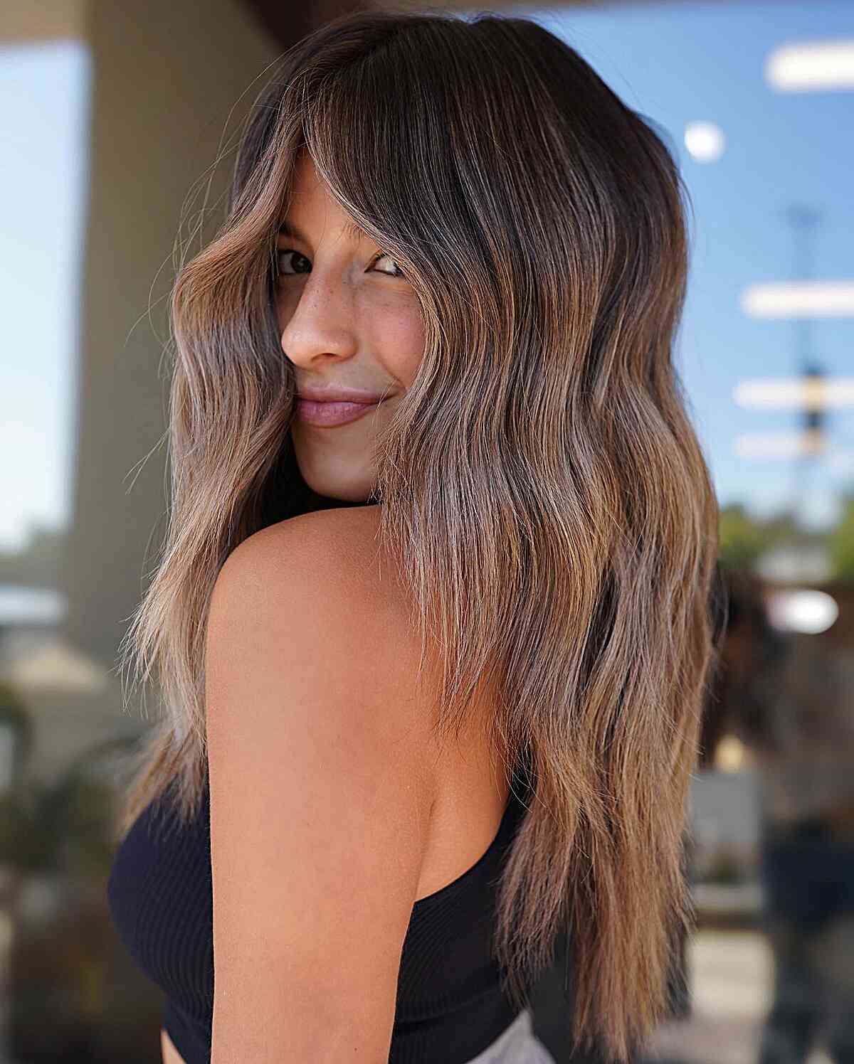 Dark Brown With Warm Brown Balayage, Curtain Bangs — Hair Color for Hazel Eyes