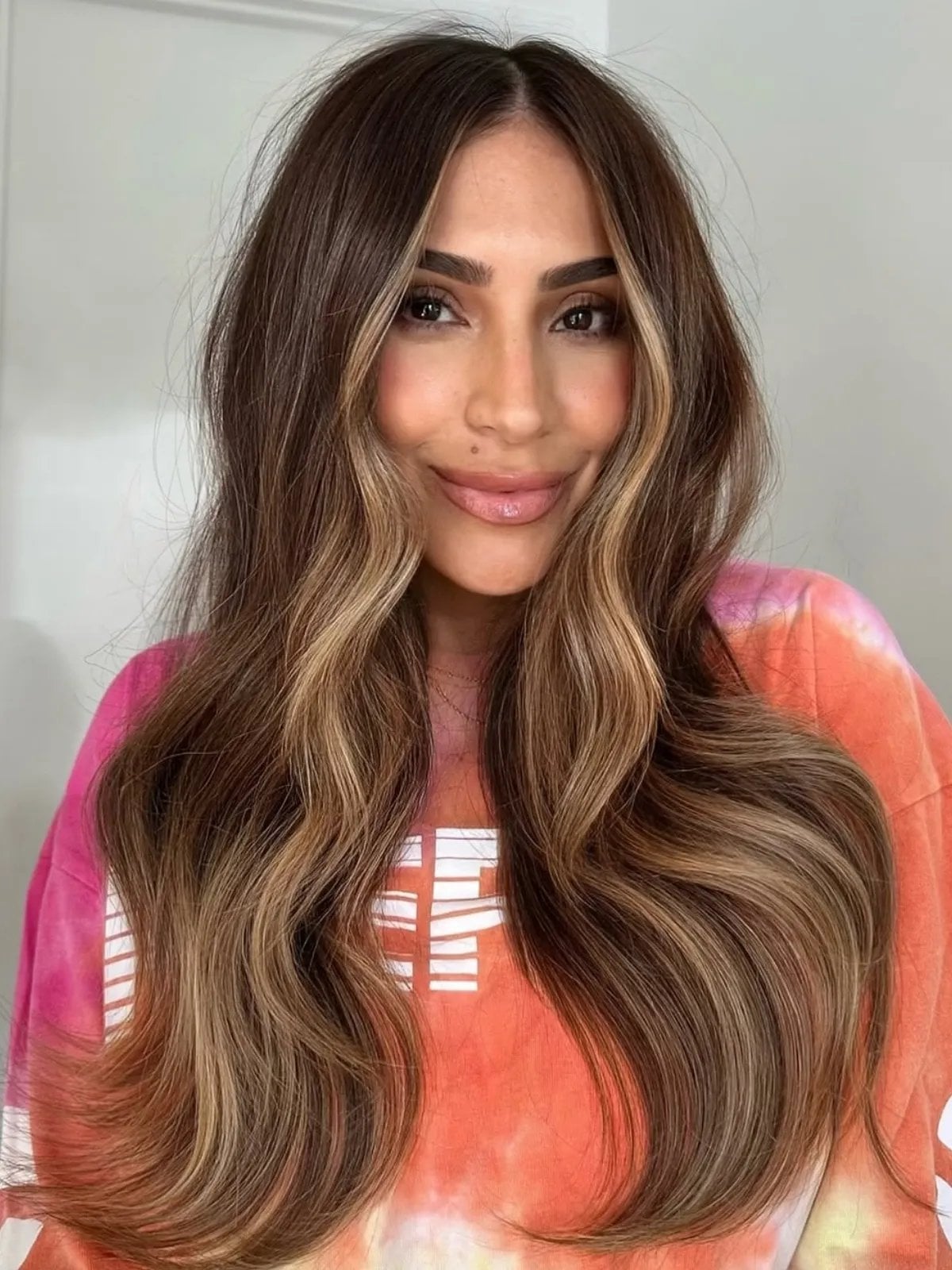 Dark Brown With Caramel Highlights Curtain Bangs — Hair Color for Hazel Eyes