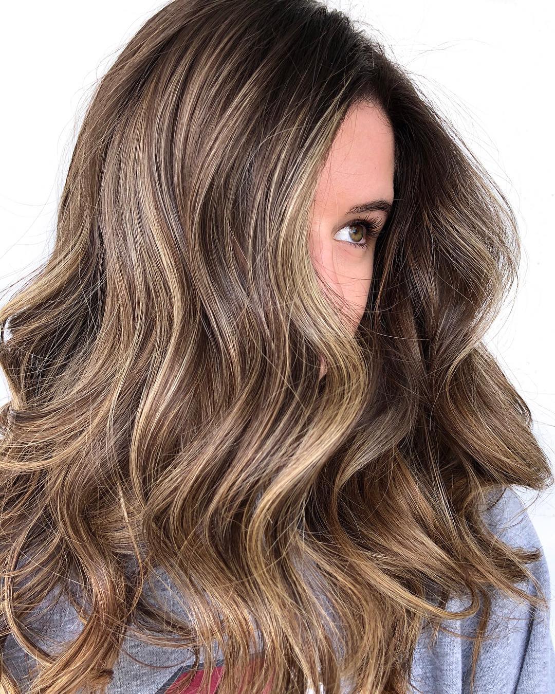 Dark Brown With Caramel Highlights Side Part — Hair Color for Hazel Eyes