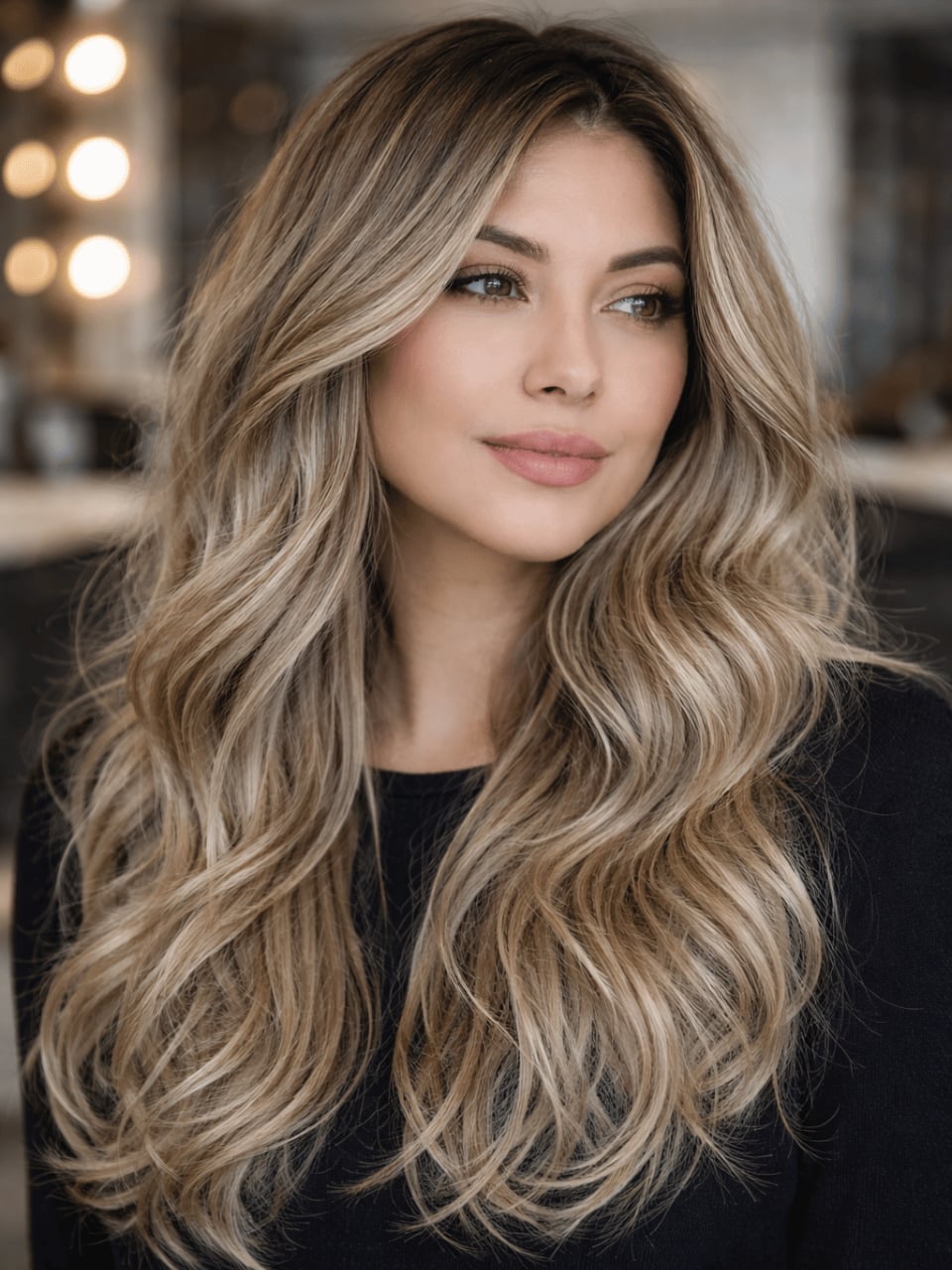 Warm Brown With Honey Blonde Balayage, Wavy — Hair Color for Hazel Eyes