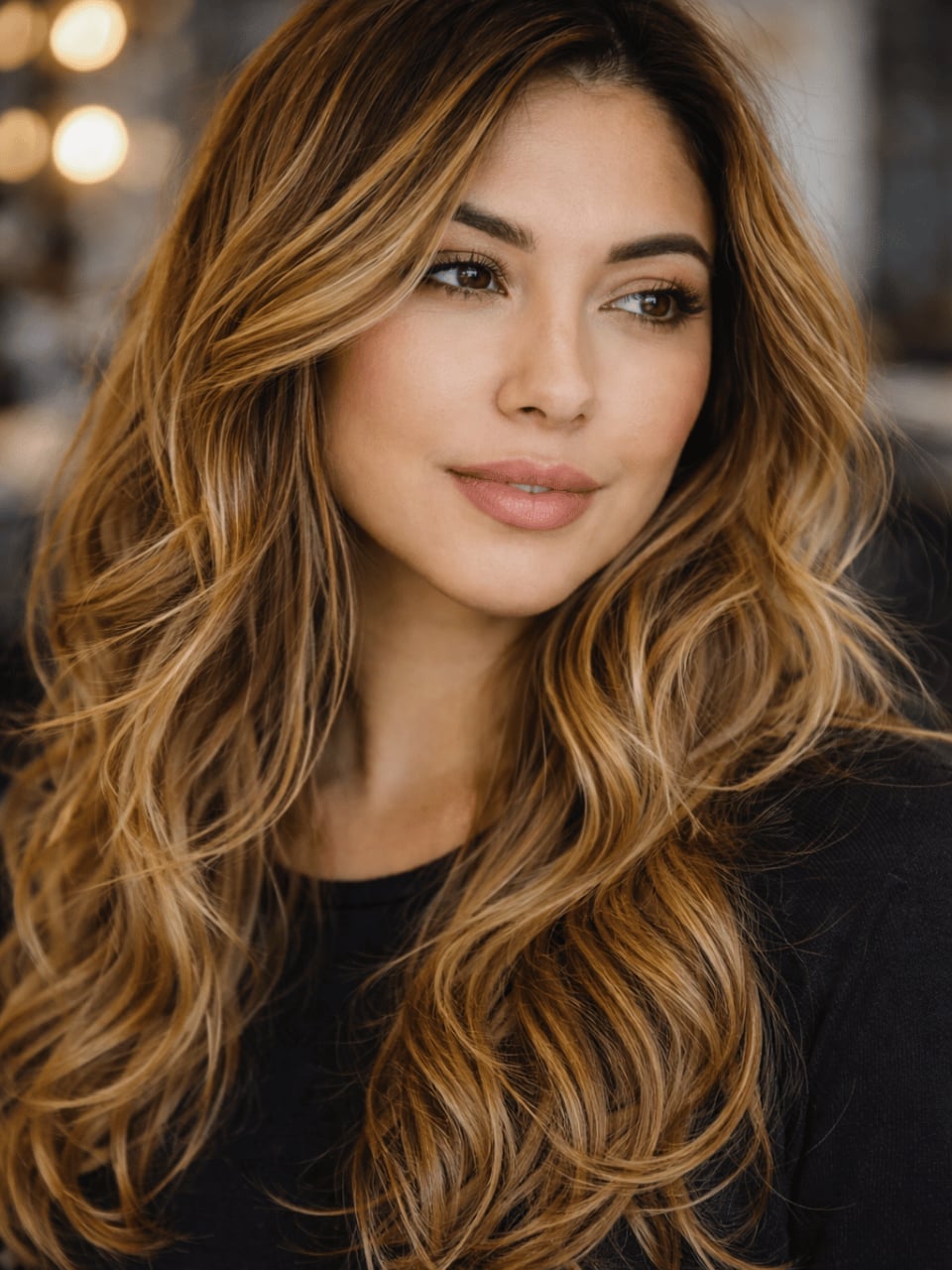 Warm Brown With Honey Blonde Balayage, Wavy Hair Styled In Loose Curls — Hair Color for Hazel Eyes