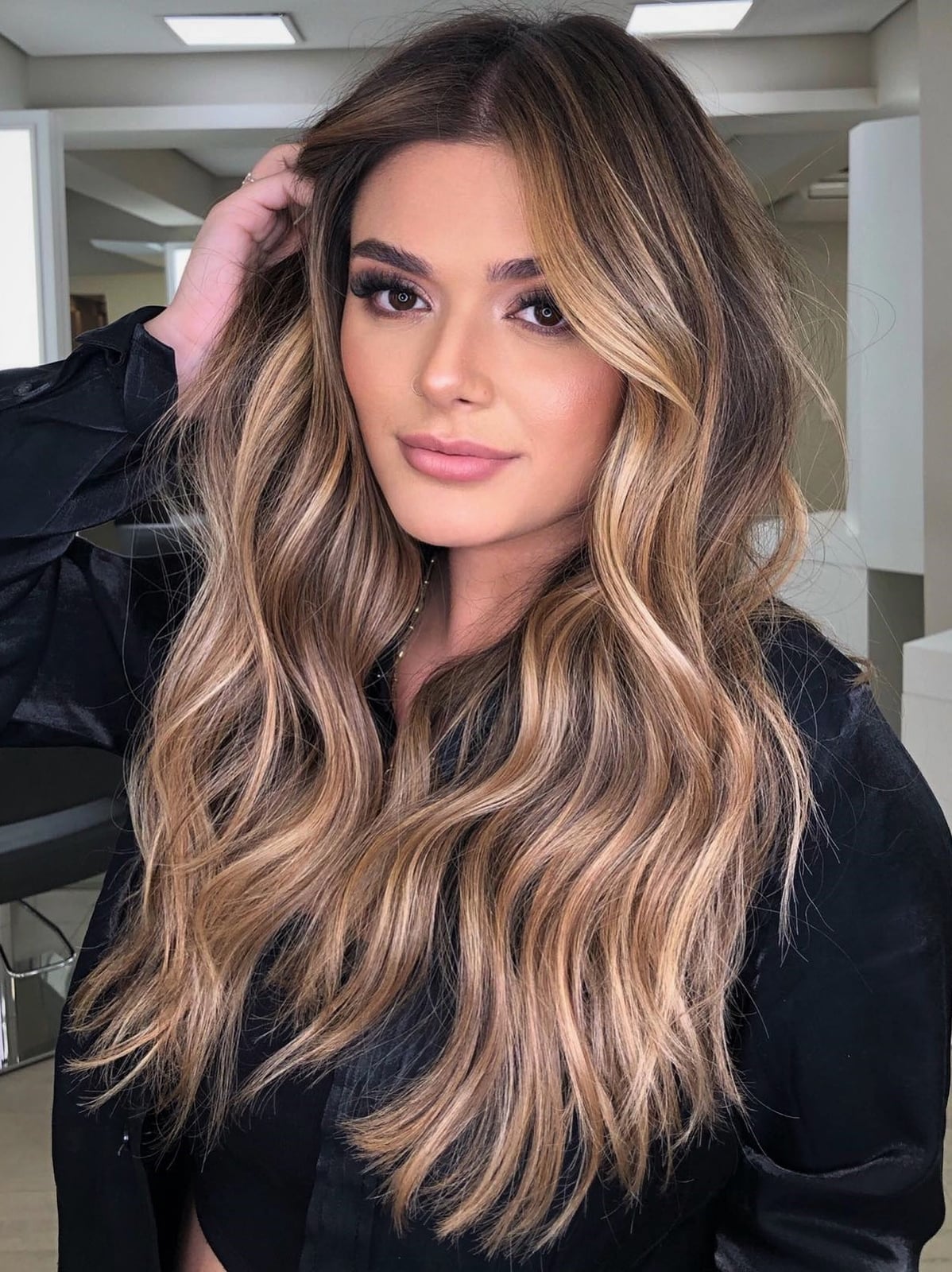 Medium Blonde Balayage on Brown Base, Mid-Back — Hair Color for Hazel Eyes