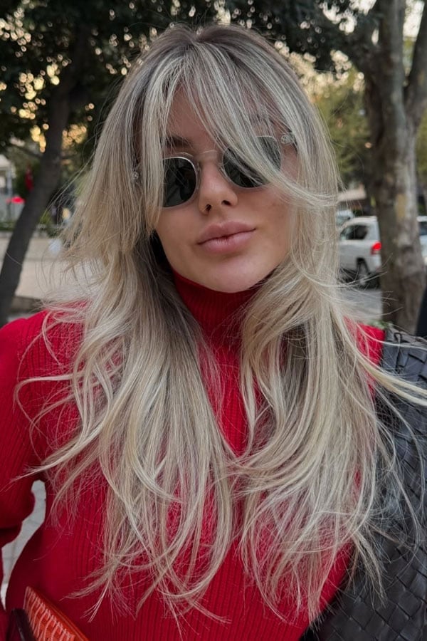 Mid-Back Ash Blonde With Curtain Bangs, Styled In Loose Waves — Hair Color for Long Hair