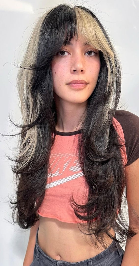 Mid-Back Black With Blonde Money Piece and Curtain Bangs — Hair Color for Long Hair