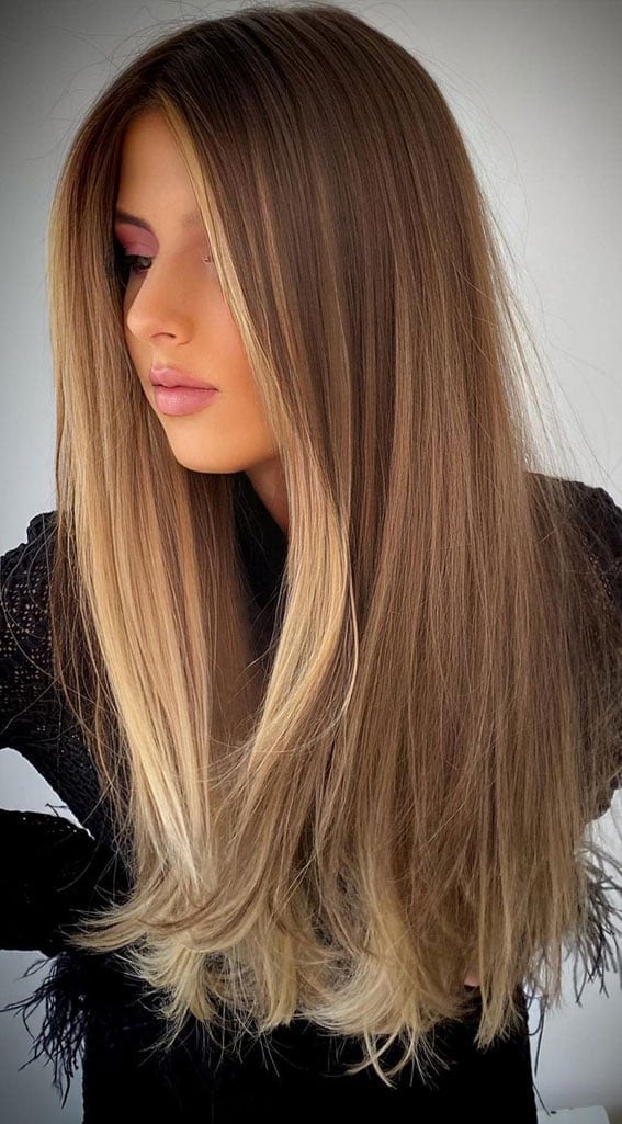 Mid-Back Fine Straight Brown Blonde Balayage — Hair Color for Long Hair