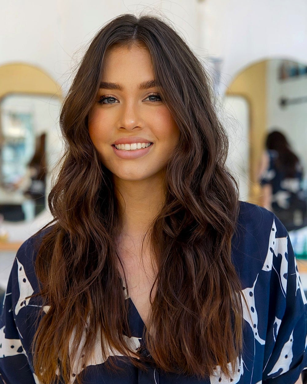 Mid-Back Dark Brown With Caramel Highlights, Loose Waves — Hair Color for Long Hair