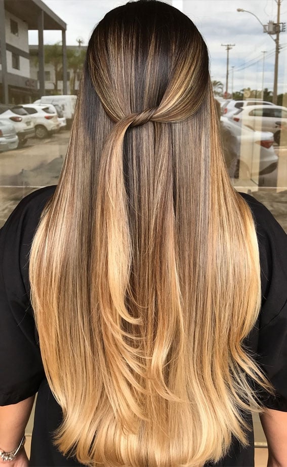 Mid-Back Dark Brown To Blonde Ombre — Hair Color for Long Hair