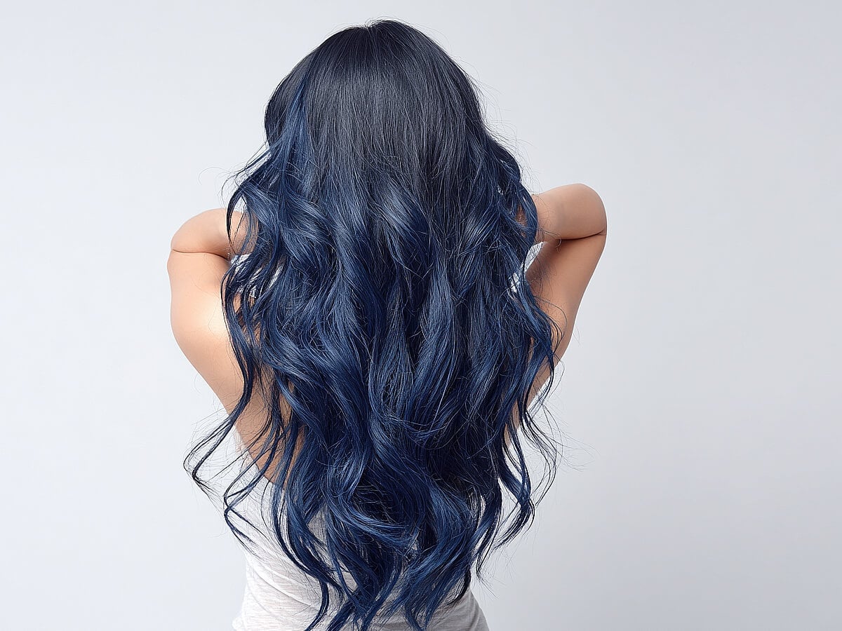 Mid-Back Dark Base With Deep Blue Hue — Hair Color for Long Hair