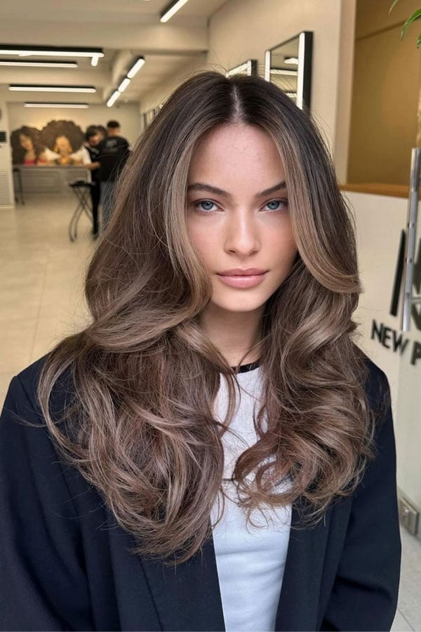 Mid-Back Ash Brown With Curtain Bangs — Hair Color for Long Hair