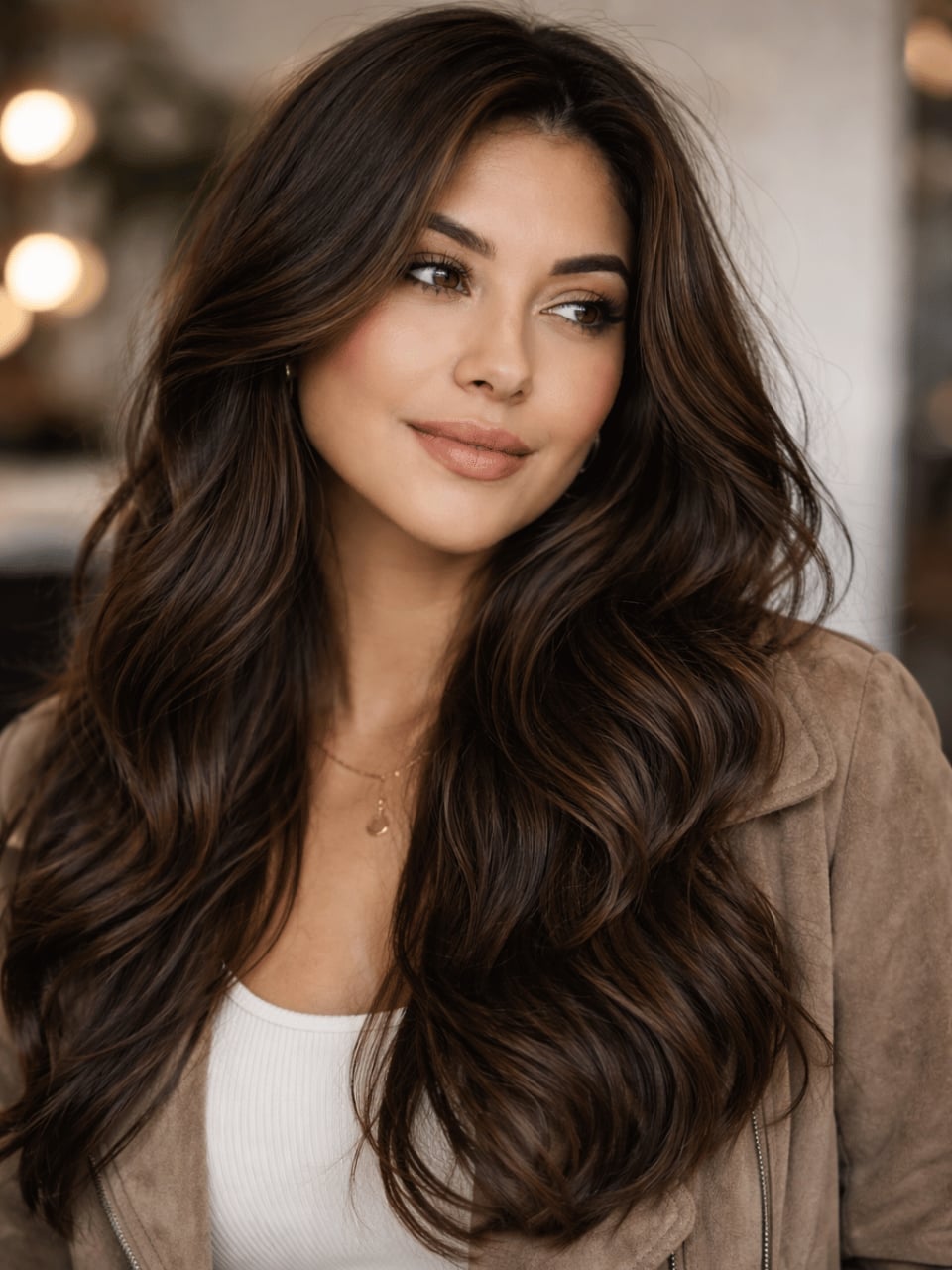 Rich Chocolate Brown With Caramel Highlights — Hair Color for Olive Skin