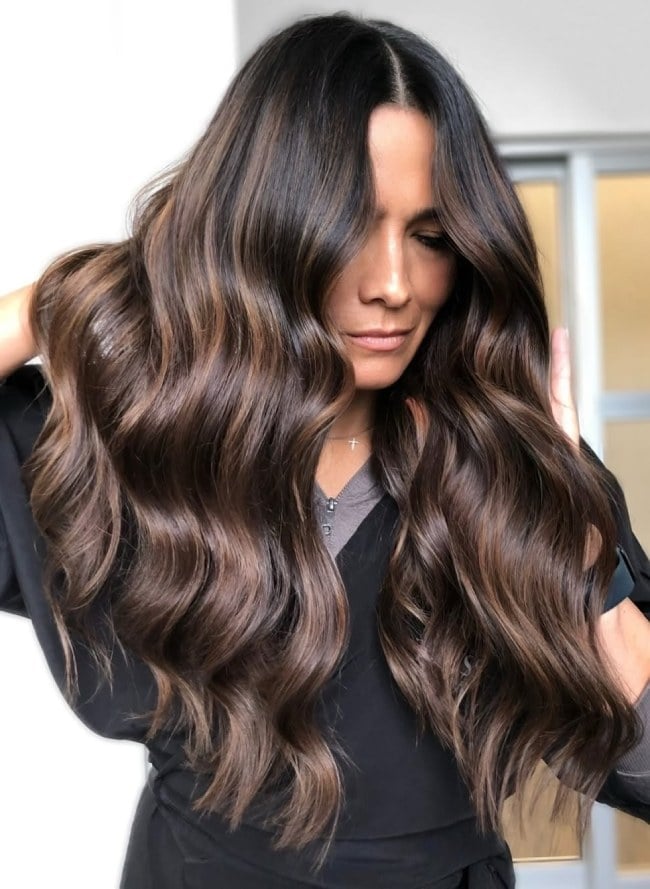 Warm Chocolate Brunette With Balayage Highlights — Hair Color for Olive Skin