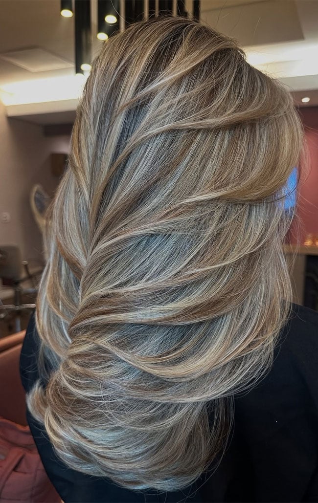 Ash Blonde Mid-Back Layers With Beige Highlights, Close-Up Take — Hair Color for Pale Skin