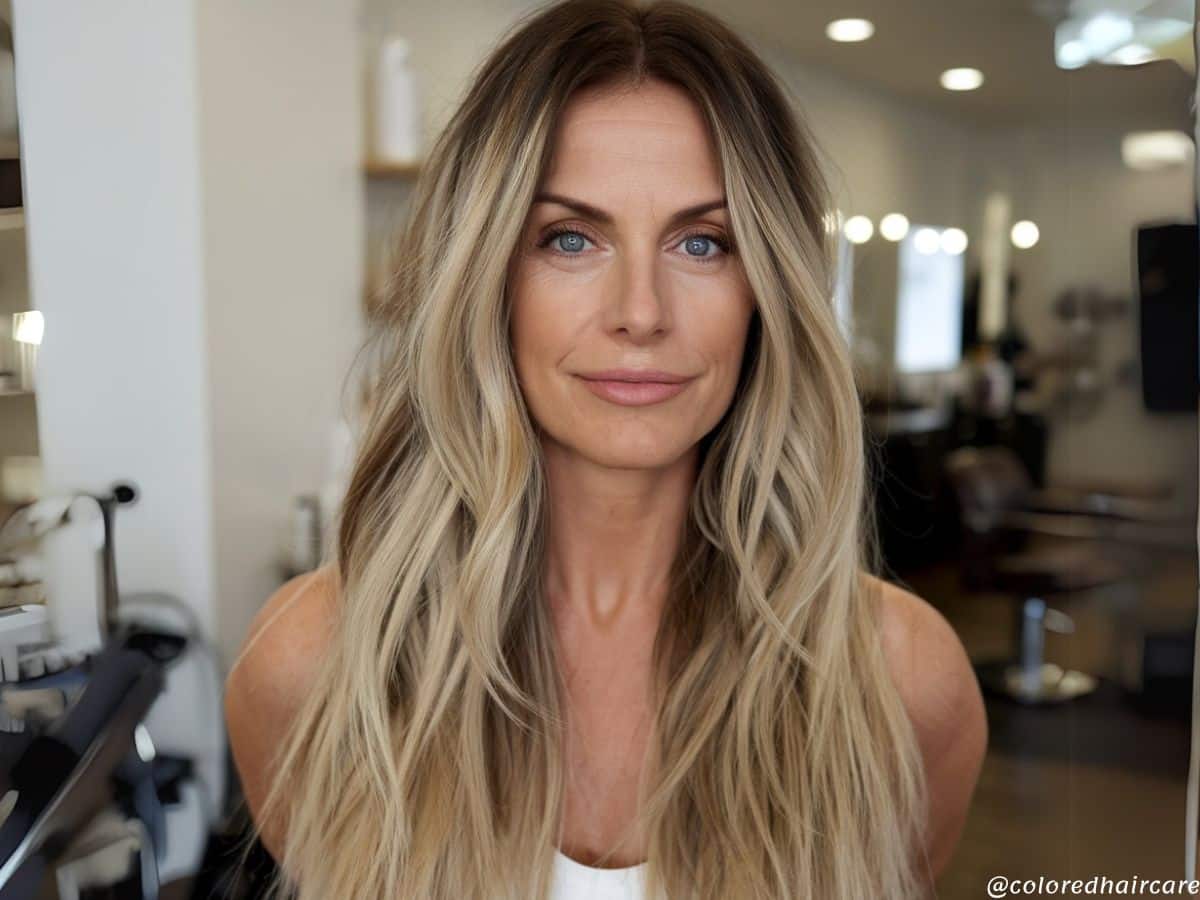 Long Dark Blonde With Blended Blonde Balayage Long Dark Blonde With Blended Blonde Balayage — Hair Color for Women Over 40