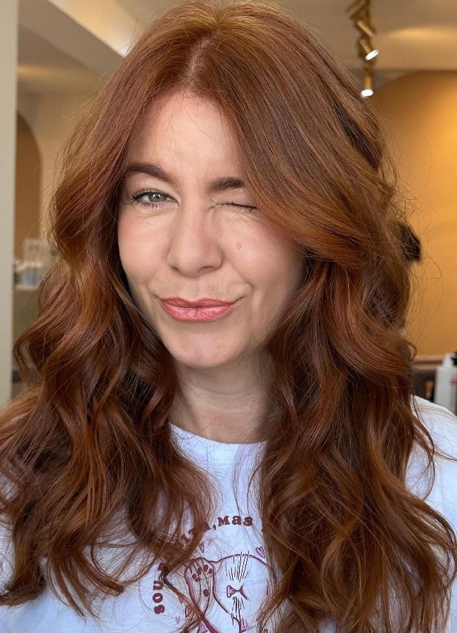 Collarbone Warm Auburn With Copper Highlights Collarbone Warm Auburn With Copper Highlights — Hair Color for Women Over 40