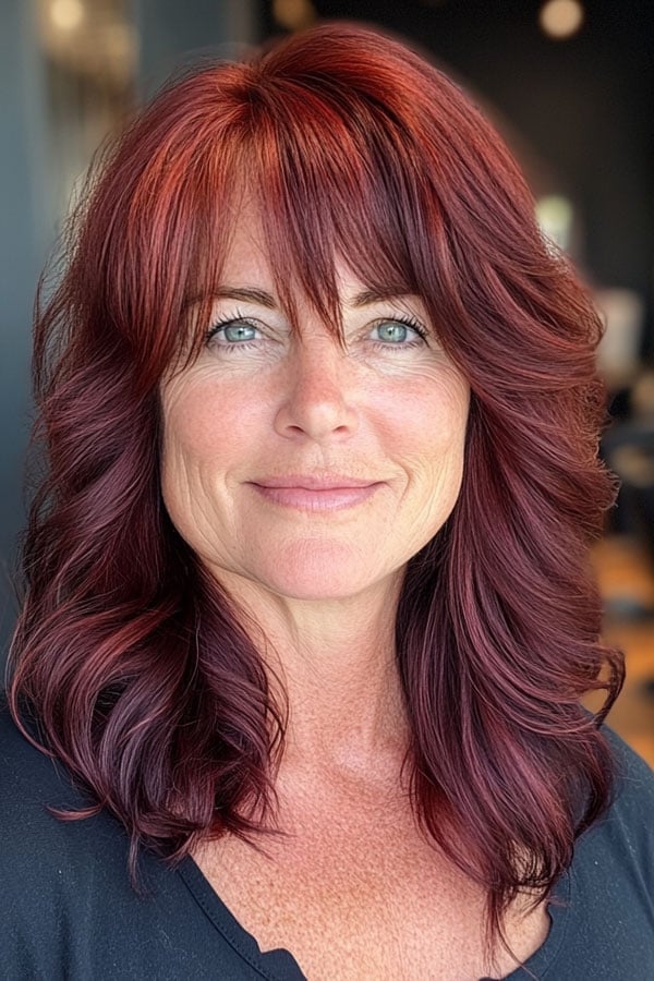 Chin Length Layered Bob In Rich Burgundy Chin Length Layered Bob In Rich Burgundy — Hair Color for Women Over 40