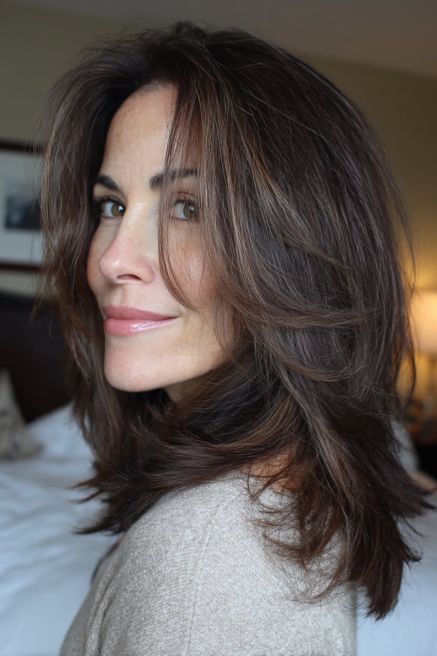Shoulder Length Long Layers With Dark Brown And Caramel Highlights Shoulder Length Long Layers With Dark Brown And Caramel Highlights — Hair Color for Women Over 50