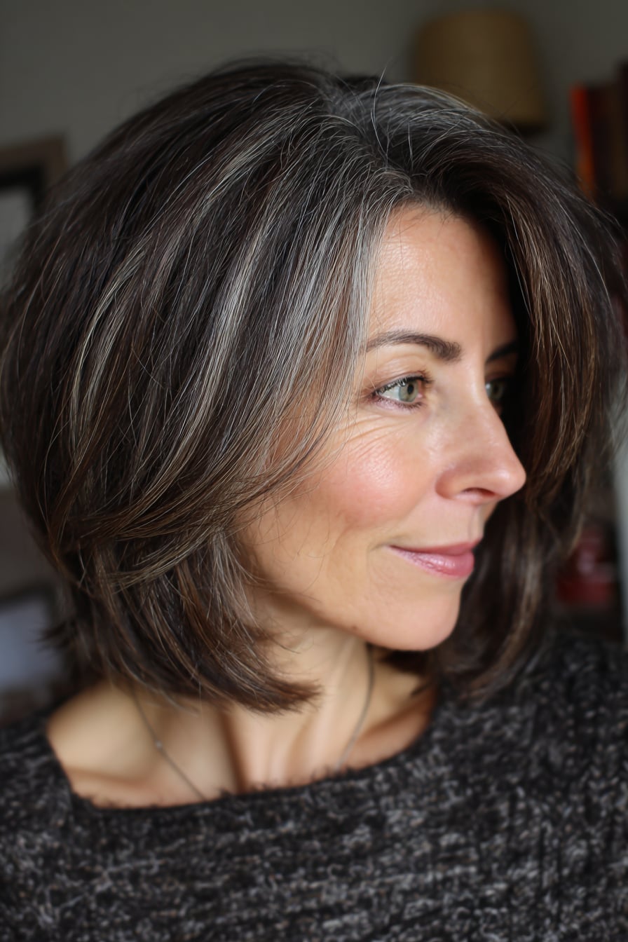 Collarbone Bob With Dark Brown And Ash Blonde Highlights Collarbone Bob With Dark Brown And Ash Blonde Highlights — Hair Color for Women Over 50