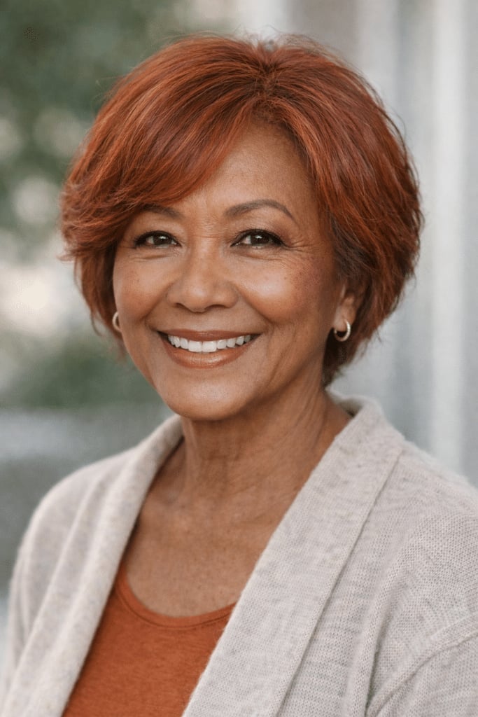 Short Layered Cut With Copper Red Color And Wispy Bangs Short Layered Cut With Copper Red Color And Wispy Bangs — Hair Color for Women Over 50