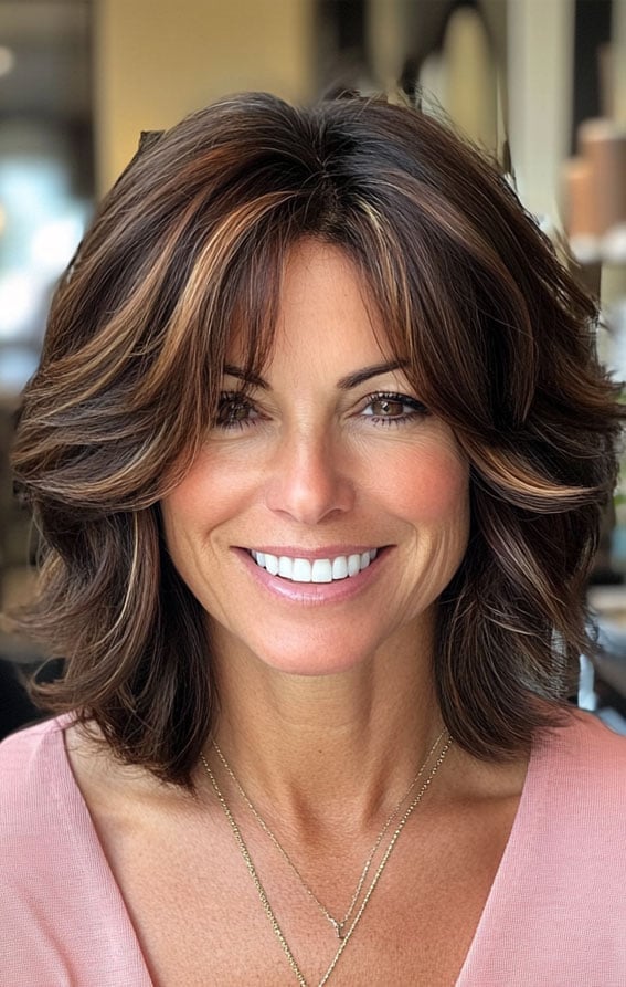 Shoulder Length Shag With Dark Brown And Warm Balayage Shoulder Length Shag With Dark Brown And Warm Balayage — Hair Color for Women Over 50
