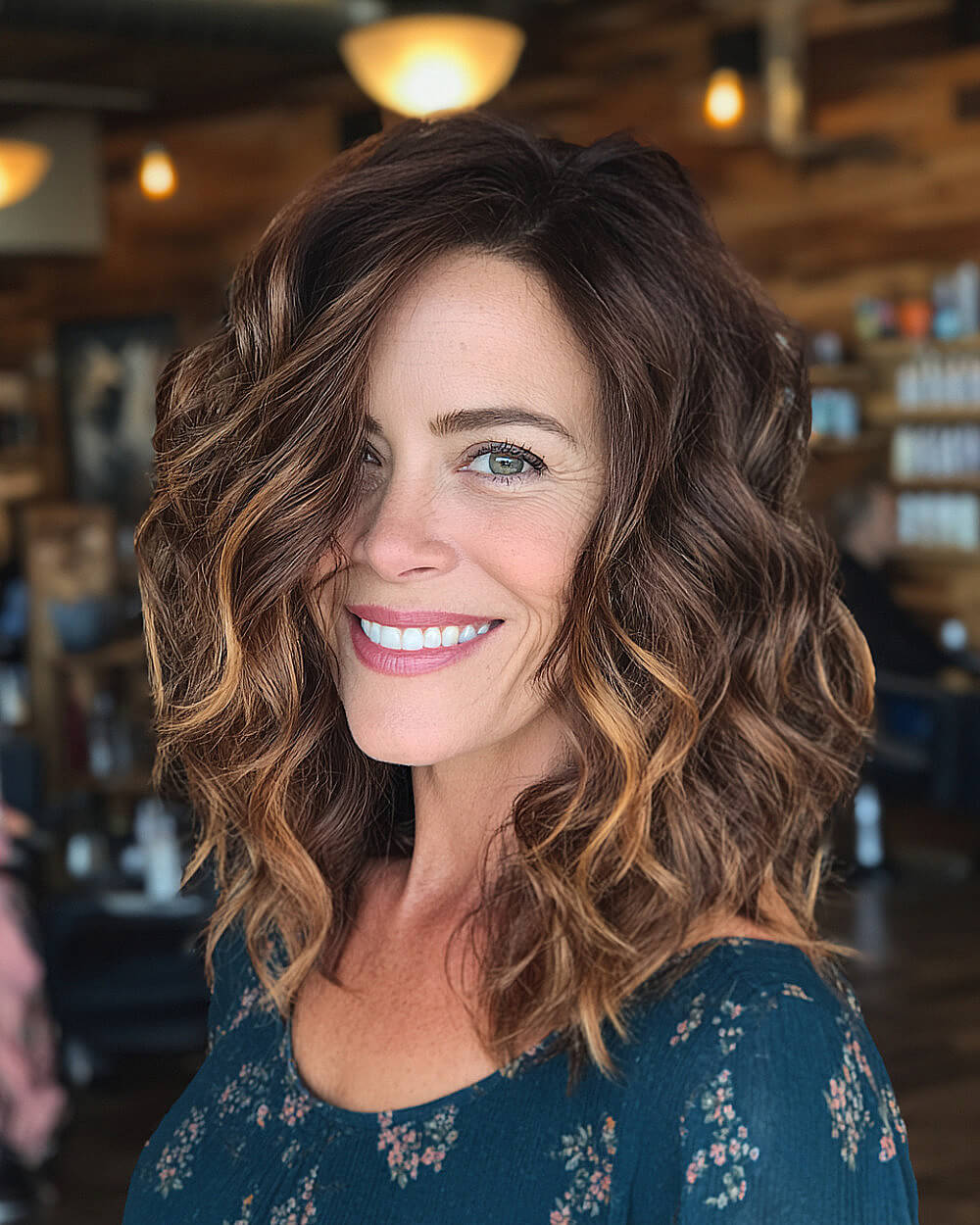 Chin Length Angled Bob With Dark Brown And Blonde Balayage, Wavy Chin Length Angled Bob With Dark Brown And Blonde Balayage, Wavy — Hair Color for Women Over 50
