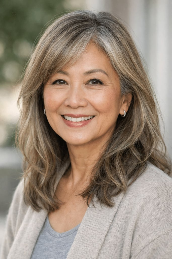 Mid-Back Length Ash Brown With Blonde Highlights Mid-Back Length Ash Brown With Blonde Highlights — Hair Color for Women Over 50