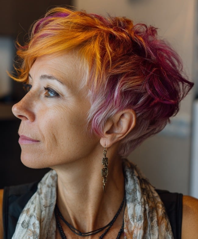 Short Pixie Cut With Pink And Orange Color Short Pixie Cut With Pink And Orange Color — Hair Color for Women Over 50