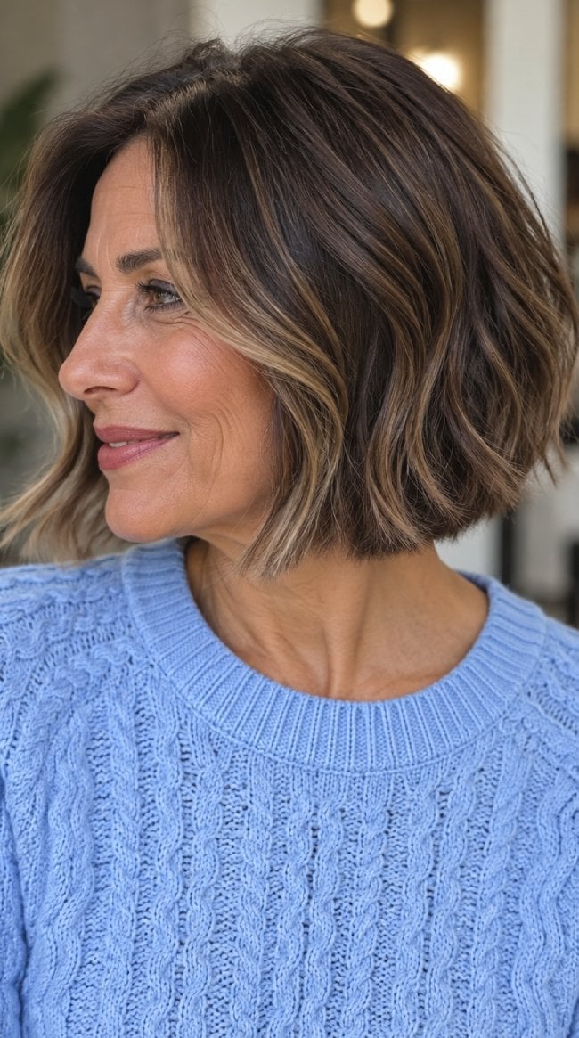 Chin Length Wavy Bob With Brunette Balayage Chin Length Wavy Bob With Brunette Balayage — Hair Color for Women Over 50