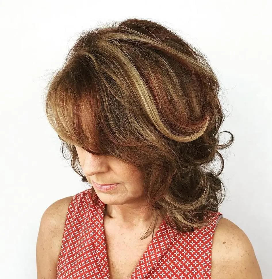 Mid-Back Brown With Blonde Red Highlights Mid-Back Brown With Blonde Red Highlights — Hair Color for Women Over 60