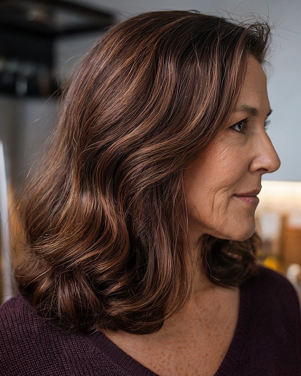 Collarbone Layers Medium Brown With Caramel Highlights Collarbone Layers Medium Brown With Caramel Highlights — Hair Color for Women Over 60