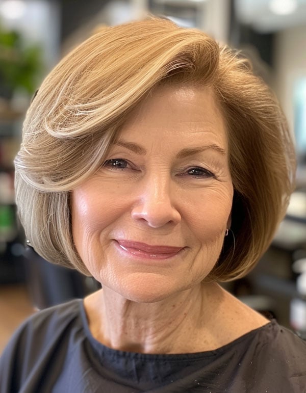 Warm Blonde Chin Length Bob With Glossy Finish Warm Blonde Chin Length Bob With Glossy Finish — Hair Color for Women Over 60