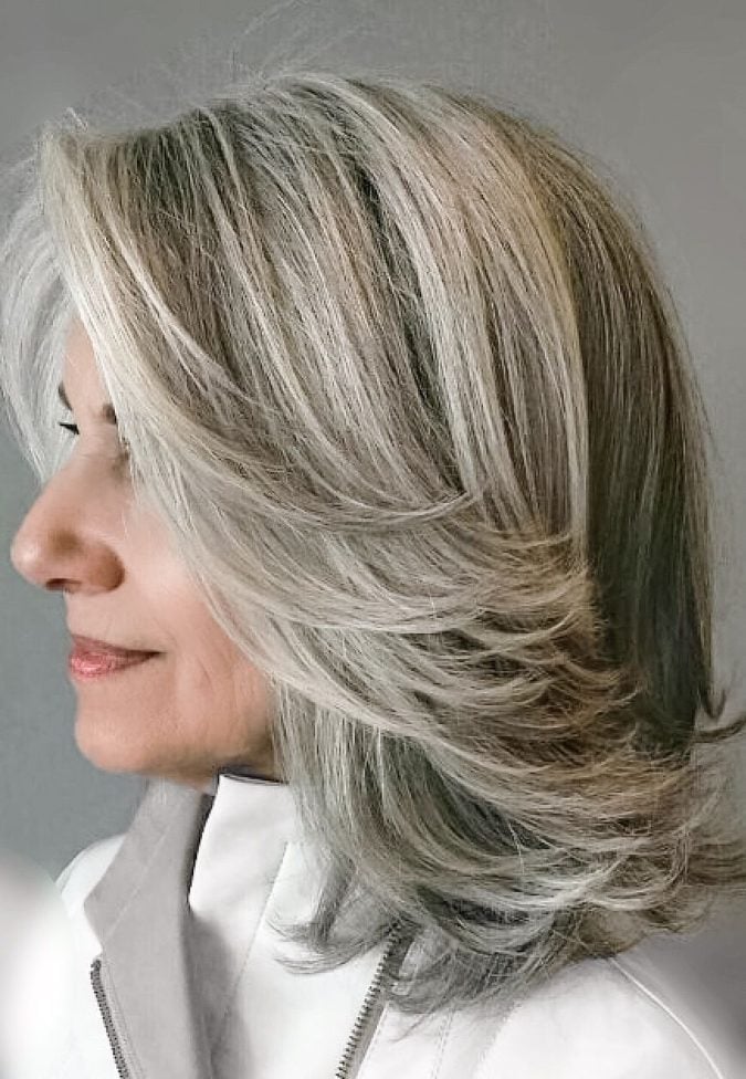 Ash Blonde Lob With Gray Tones And Face-Framing Layers Ash Blonde Lob With Gray Tones And Face-Framing Layers — Hair Color for Women Over 60